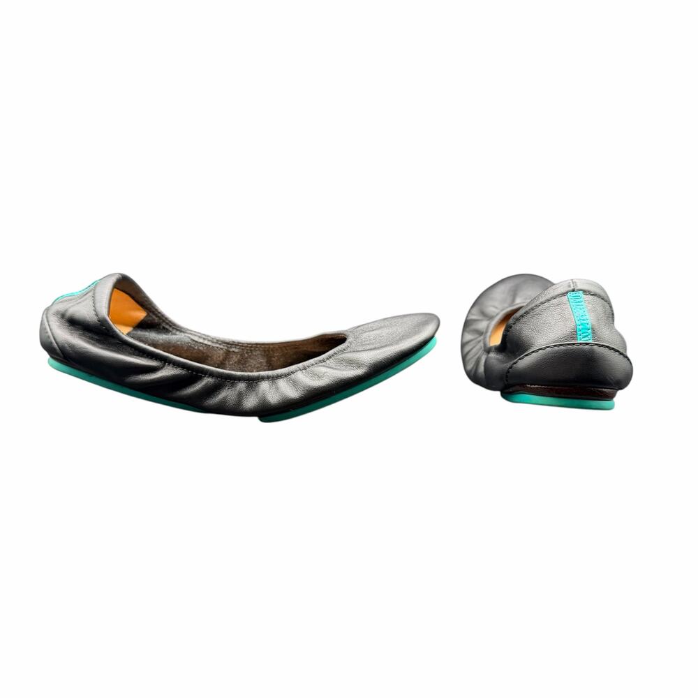 TIEKS Black Leather Ballet Flats Size 7 Teal Soles Foldable
